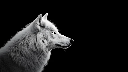 White wolf profile in stark high‑contrast monochrome lighting.