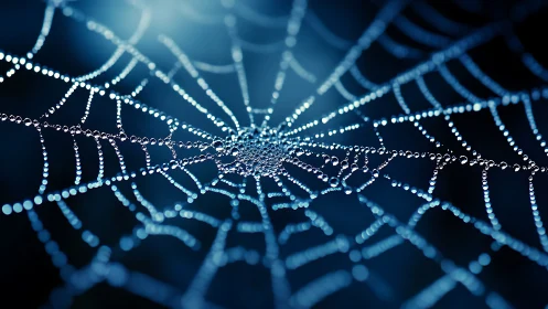 Spiderweb with dew droplets in low light perspective view.