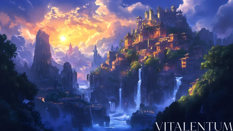 Sun-forged citadel above cascading twilight waterfalls.
