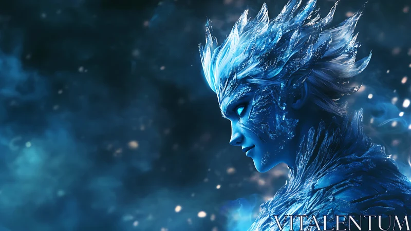 Ice elemental warrior profile in glowing blue nebula field.