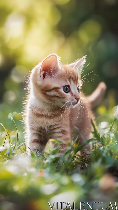 Ginger tabby kitten in natural outdoor setting with bokeh background