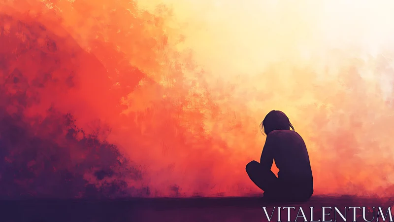 Silhouetted figure seated against warm abstract sky.