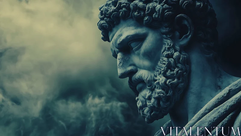 Brooding marble philosopher amid swirling teal mistscape.