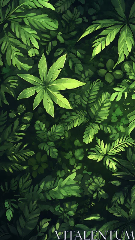 Gently layered jungle leaves glowing in deep green calm.