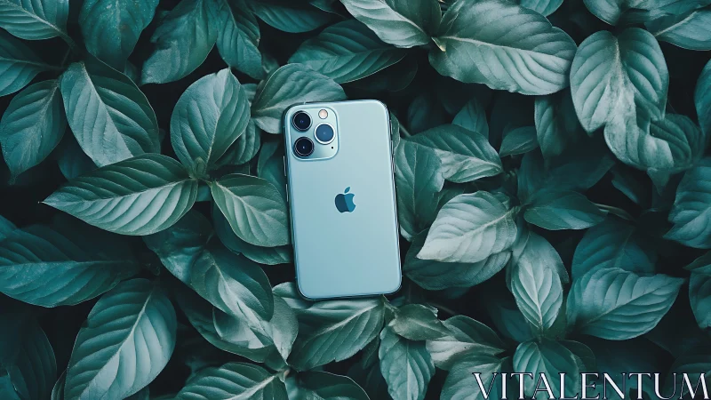 Silver Smartphone Nestled in Lush Verdant Foliage.