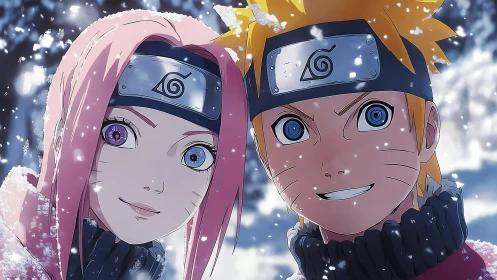 Close anime portrait shows snowy Konoha headbands and specular eyes