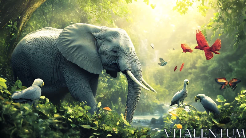 Elephant wanders through glowing jungle sanctuary of birds