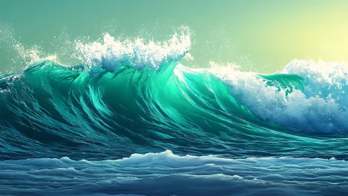 Emerald ocean wave curls under radiant sunrise light.