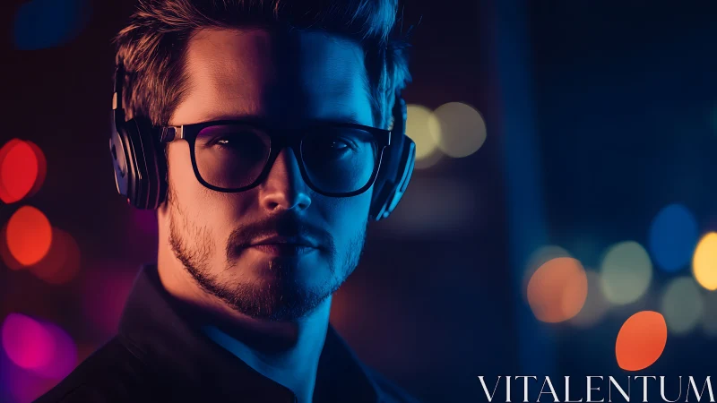Cinematic neon portrait of headphone listener with bokeh lights