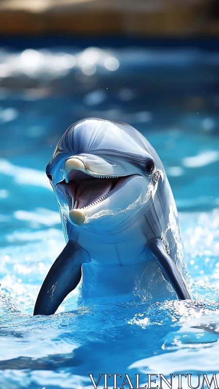 Playful dolphin rises from sparkling blue water joyfully.