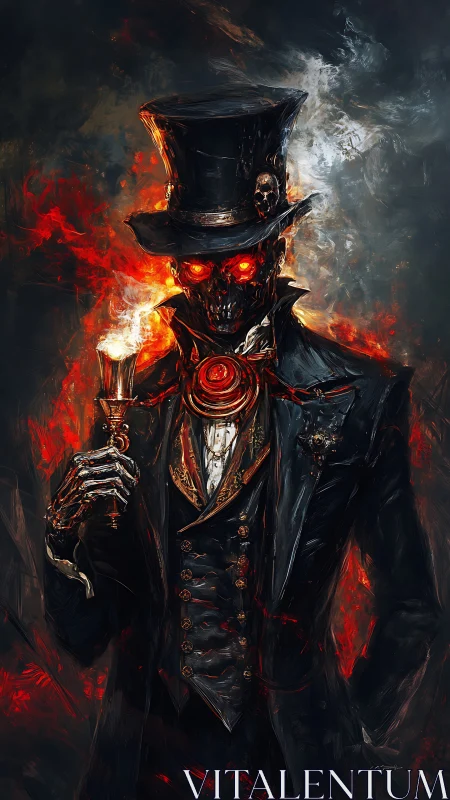 Infernal steampunk lich gentleman in incandescent regalia.