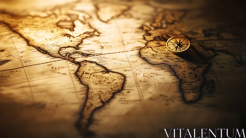 Golden-age world map and compass courting distant horizons.