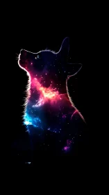 Silhouetted dog profile filled with vivid cosmic nebula.