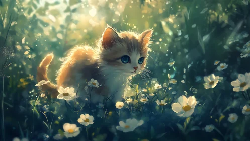 Kitten in Daisy Field with Golden Sunlight.