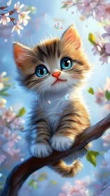 Kitten with Blue Eyes on Branch Among Spring Blossoms.