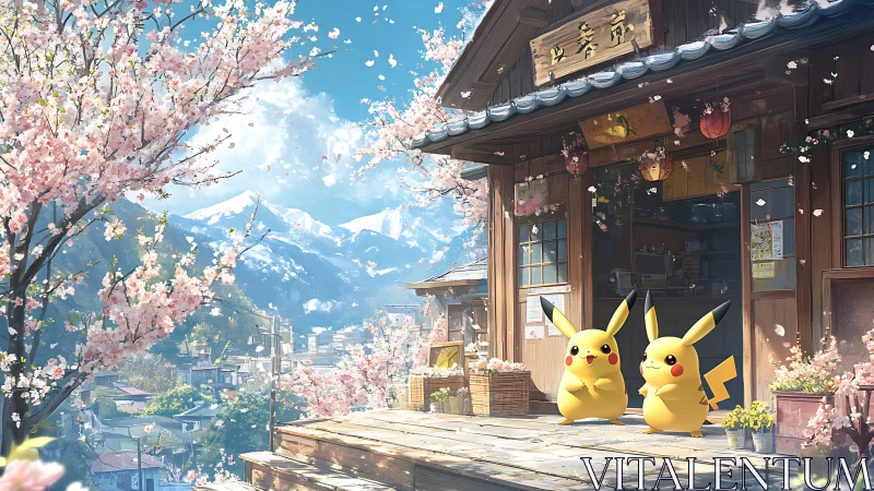 Spring-lit Japanese shop veranda with Pikachu under cherry blossoms