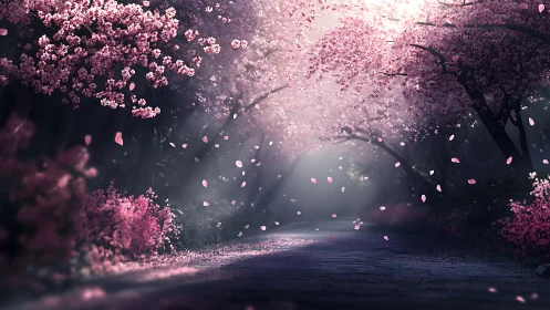 Twilight cherry blossoms compose a drifting petal symphony