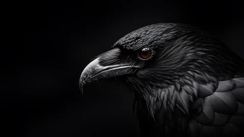 Midnight raven gazes calmly with glossy feathers and depth