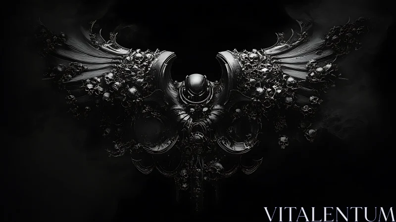 Baroque biomechanical winged armor rendered in dark sculpted skull relief