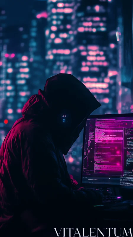 Hooded programmer at neon city window using computer screen.