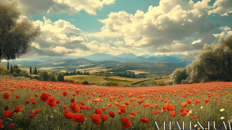Poppy meadow under clouds in rolling rural valley landscape.