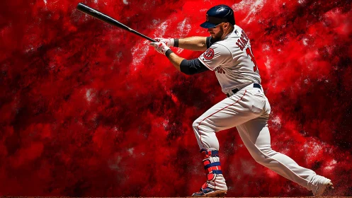 Baseball batter captured mid-swing against red abstract field