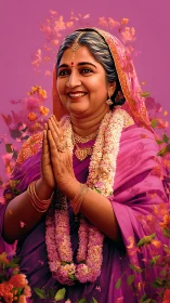 Smiling Indian woman greets viewer in vibrant floral portrait