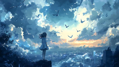 Girl stands on elevated ground overlooking distant urban skyline