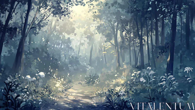 Luminescent Forest Pathway Beckons Through Glowing Mist