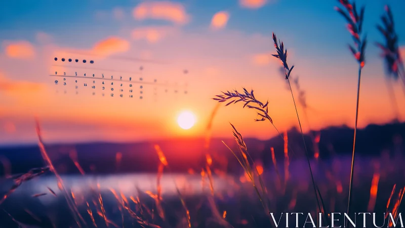 Backlit wild grasses at sunset with blurred digital calendar overlay.
