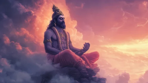 Divine sage meditates above glowing clouds at sunrise.