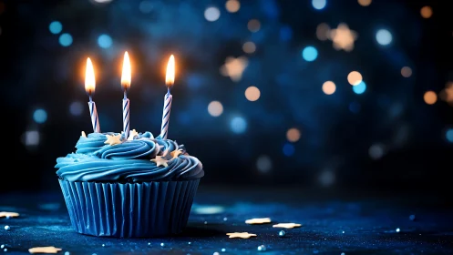 Blue Cupcake Birthday Celebration Against Bokeh Night Sky.