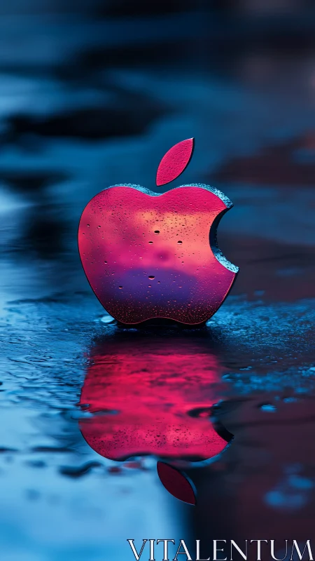 Glowing pink apple icon shimmering on reflective water.