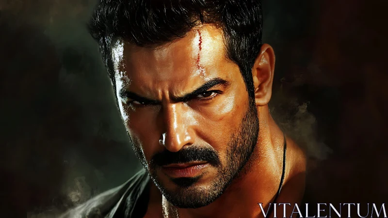 Intense hero’s scarred gaze holds powerful, unspoken resolve