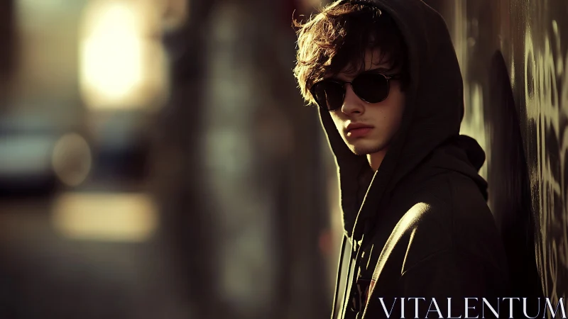 Hooded teen in alleyway with cinematic golden backlight.
