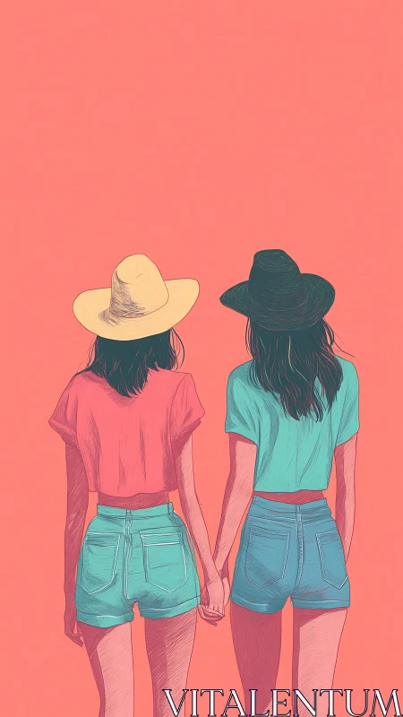 Summer friends in pastel outfits walk hand in hand together.