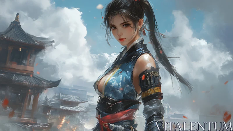 Fierce warrior stands poised above misty ancient rooftops