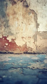 Peeling plaster wall meets cracked blue concrete floor
