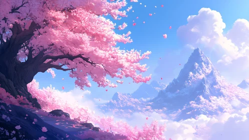 Aerial cherry canopy overlooking stratified alpine massif.