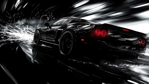 Midnight muscle car shatters light in a furious velocity storm.