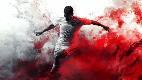 Soccer player in white kit striking ball through red smoke.