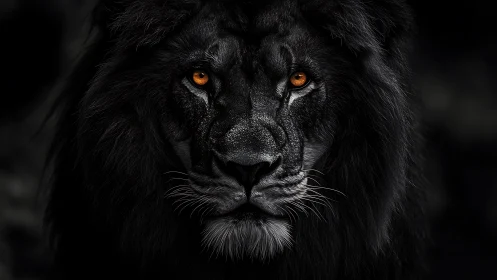 Midnight black lion gazes forward with glowing amber eyes