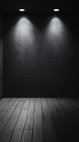 Dark empty room with wooden floor under twin spotlights.