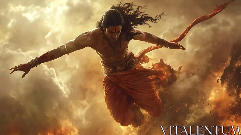 Dynamic mythic warrior descending through volumetric fire clouds