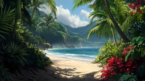 Tropical Cove Beach With Mountain Valley Backdrop.