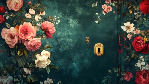 Secret garden door blooms around a golden keyhole portal.