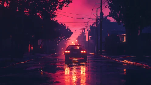 Lone car glides through neon dusk on a rain-slick city street