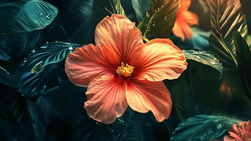 Red Hibiscus Bloom Against Dark Foliage. Illuminated.