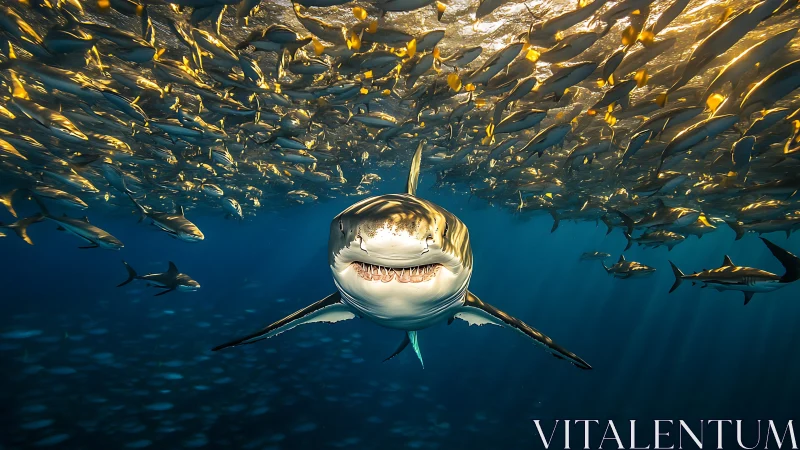 Great white shark advances beneath golden schooling fish.
