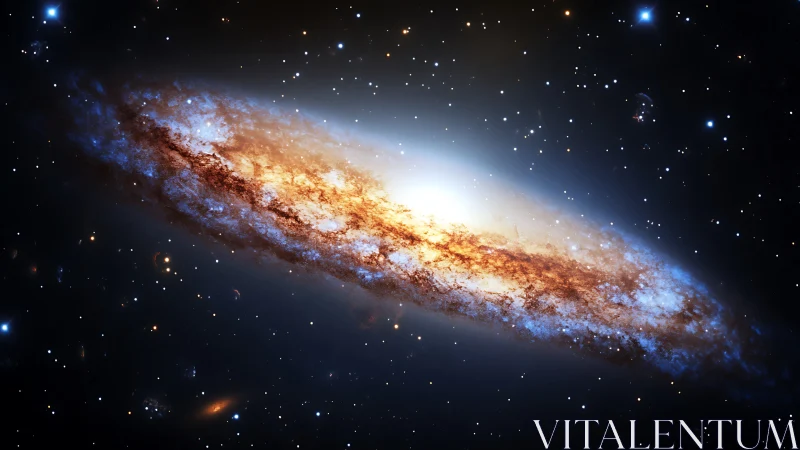 Edge-on spiral galaxy with dense dust lanes and blue star clusters